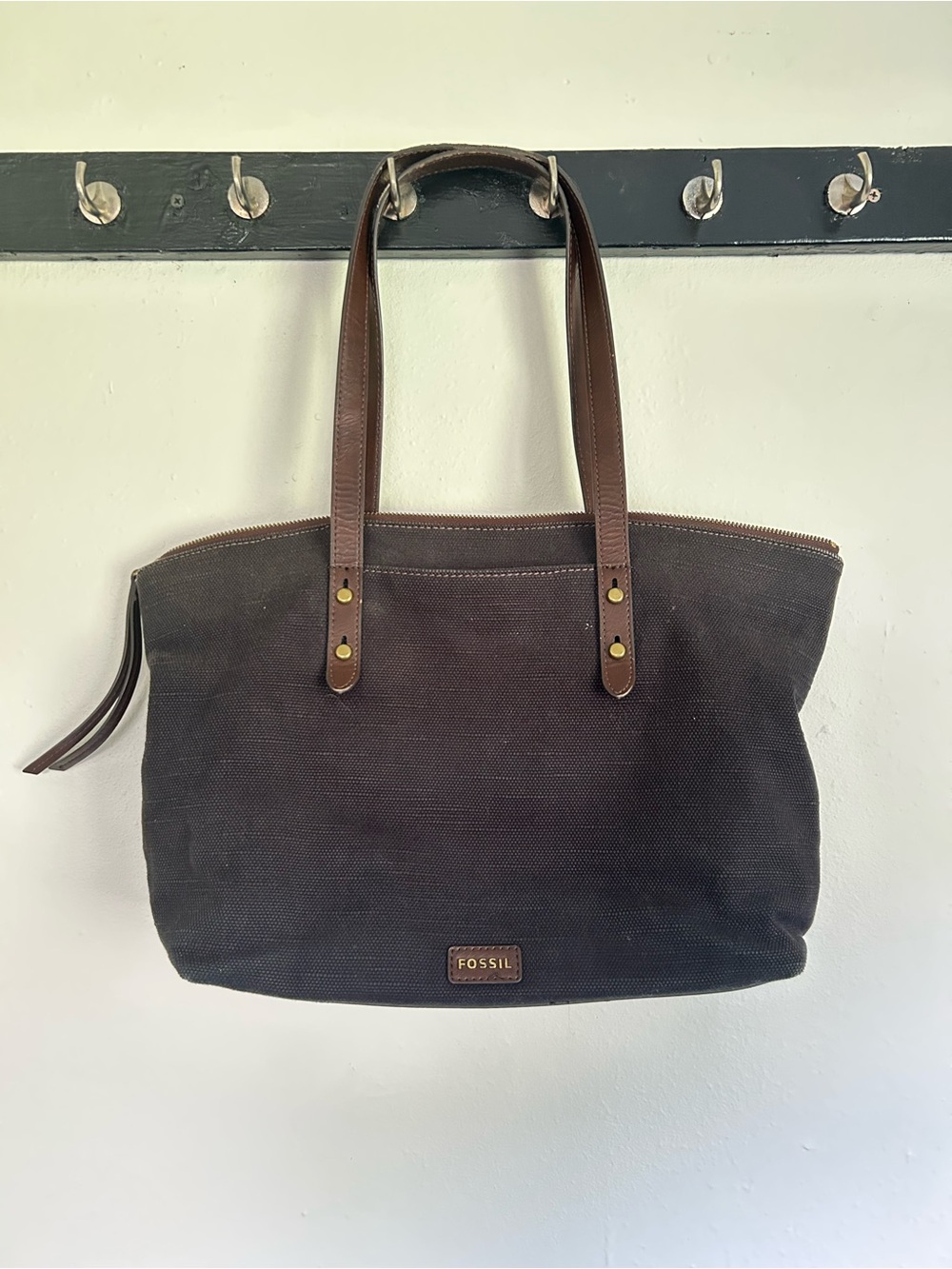 Fossil Dark Brown Canvas Tote with Leather Straps